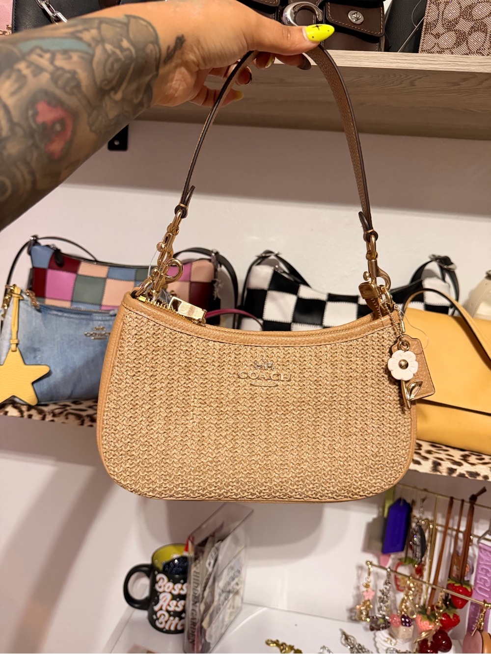 Coach Woven Tan Shoulder Bag with Floral Charm - Picture 2 of 3